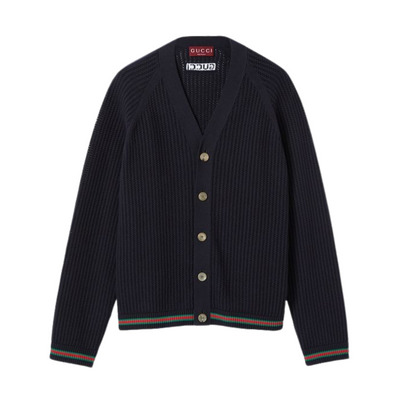 GUCCI AJOUR COTTON KNIT CARDIGAN WITH WEB